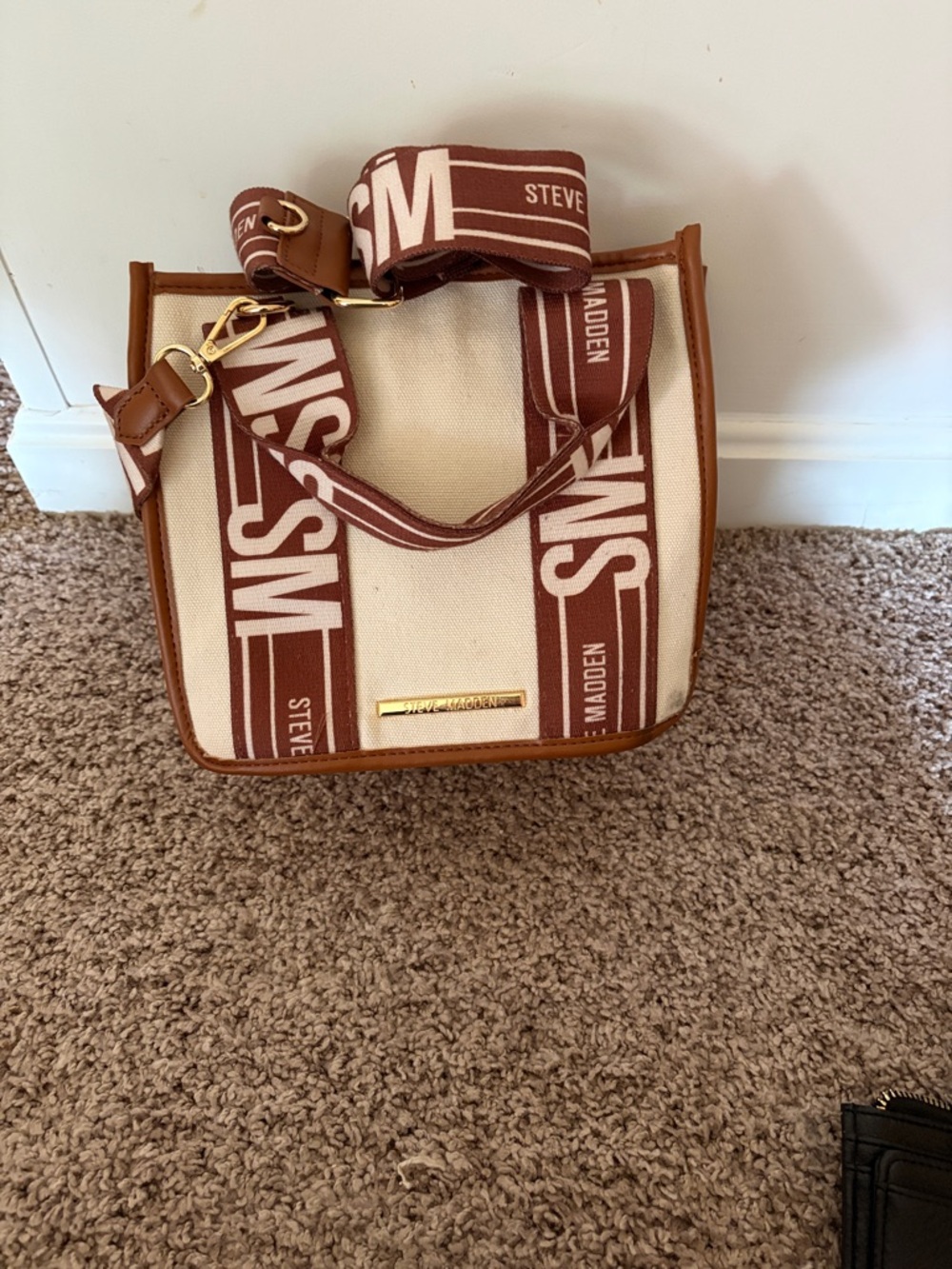 Steve Madden Cream and Brown Canvas Crossbody Bag